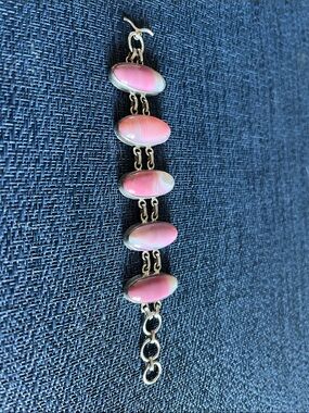 Pink Oval Stone Link Bracelet with Silver Tone Chain